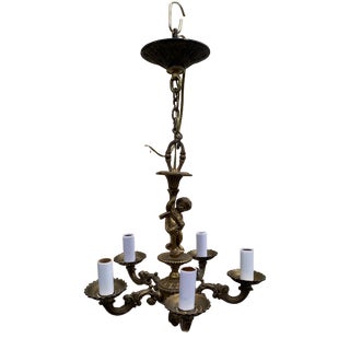 Vintage 1930s Petite Five Arm Brass Chandelier With Putti For Sale