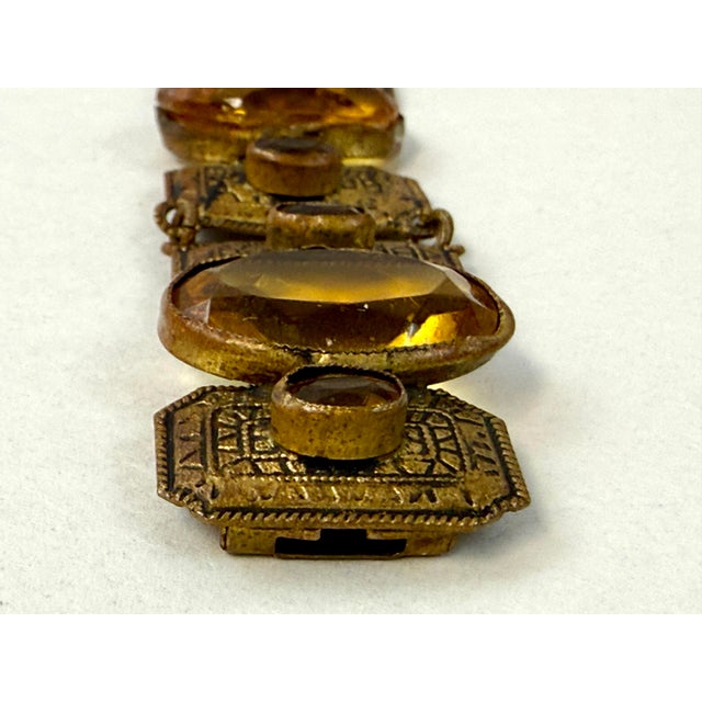 1910s Czech Art Deco Bezel Set Citrine Amber Glass Panel Bracelet Signed Antique For Sale - Image 5 of 9