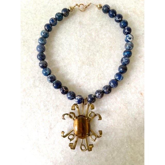 Brutalist Lapis Beaded Necklace With Vintage Brass Tiger’s Eye For Sale - Image 3 of 3