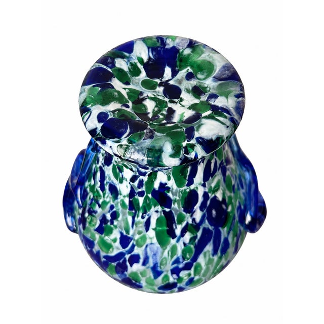 Blue and Green Spatter Art Glass Vase With Cobalt Scroll Handles For Sale - Image 13 of 15