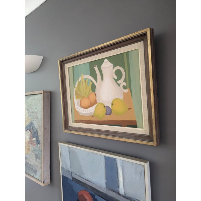 Mid-Century Modern 'Teapot and Fruits' Vintage Original Still Life Oil Painting, Framed For Sale - Image 6 of 11