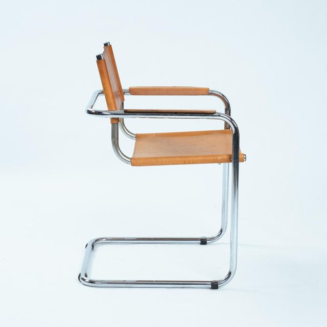 Bauhaus Mid-Century Modern Metal Cantilever in Cognac Brown Leather, 1970s, Set of 4 For Sale - Image 3 of 18