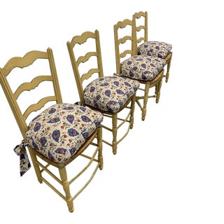 1990s Vintage Country French Dining Chairs From France With Pierre Deux Fabric and Rush Seats - Set of 4 For Sale