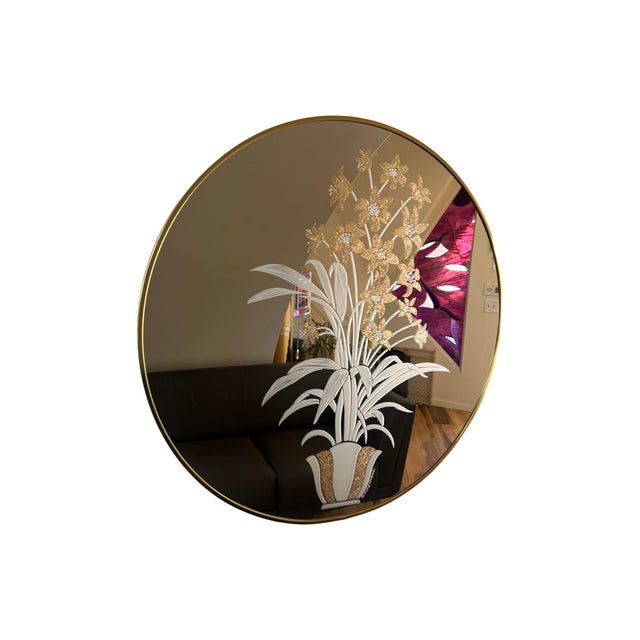 Vintage Postmodern 1980s Richard Sandoval Windsor Circle Wall Mirror Brass Flowers Vase For Sale - Image 4 of 12