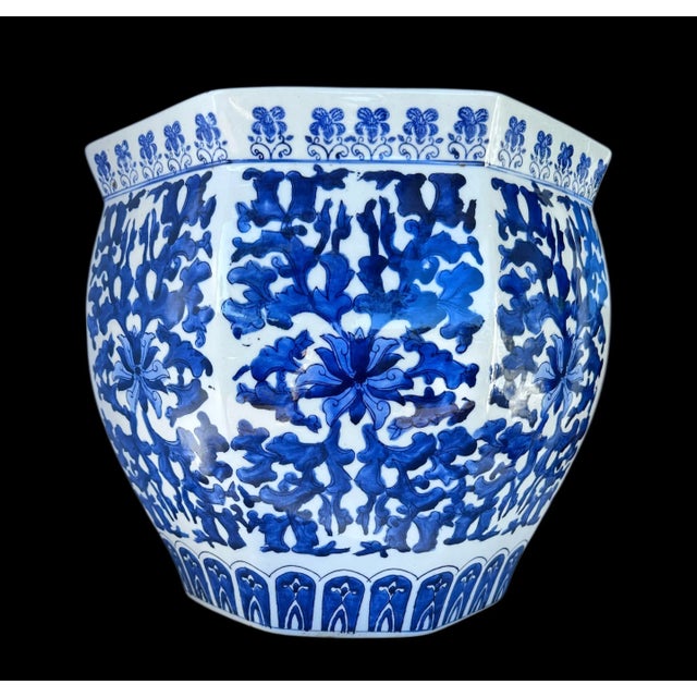 1990s Blue and White Cachepot Jardienere Plant Holder Chinoiserie Porcelain Ceramic Chinese Asian For Sale - Image 11 of 12
