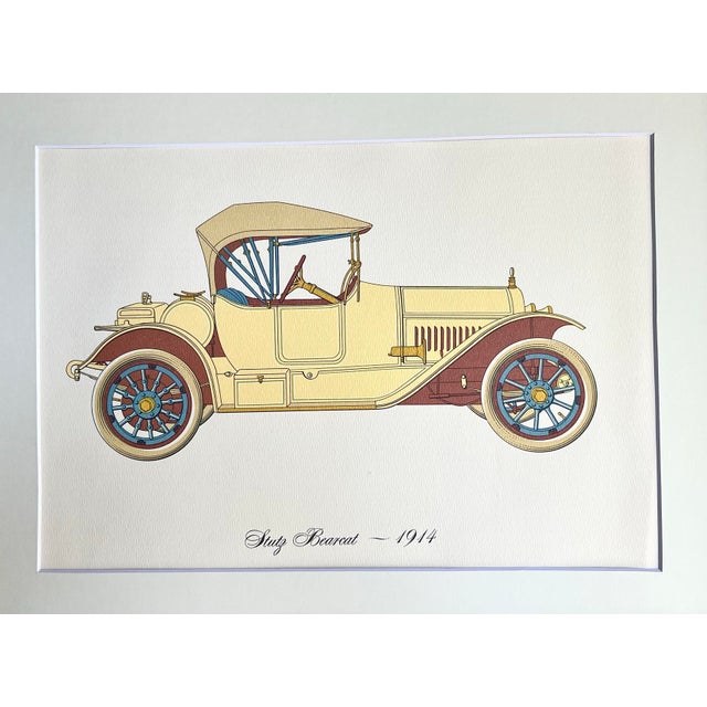 A vintage original mid century circa 1960 lithograph of an antique Stutz Bearcat from 1914 Presented matted and framed in...