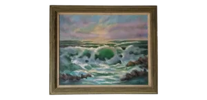 1970's Vintage H. Ware Ocean Sunset Landscape Painting , Framed