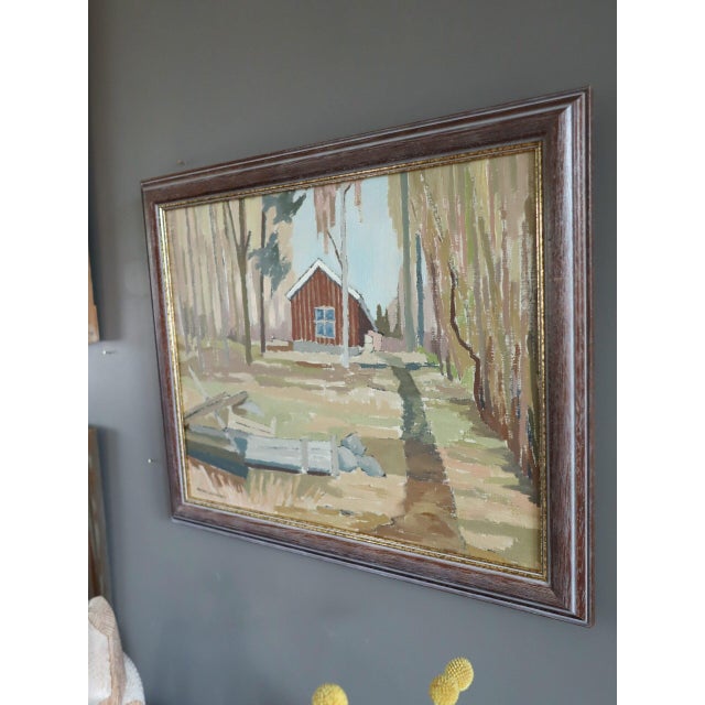 Mid 20th Century Mid-Century Modern 'Cottage Beyond the Trees' Vintage Original Landscape Oil Painting, Framed For Sale - Image 5 of 11