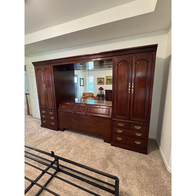 Vintage Thomasville Illuminated Cherry Queen Bed Unit- Headboard, Bridge, Nightstand Armoires, & Mirror For Sale - Image 11 of 18