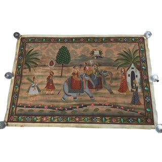 Vintage Painting on Silk of Men on Elephants For Sale