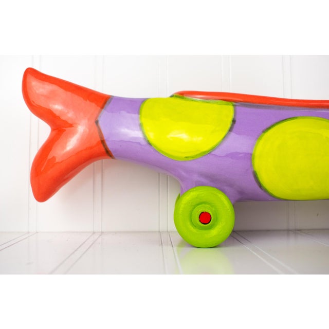 Ceramic Listed Artist Alison Palmer Studio Art Pottery: Whimsical Fish on Wheels For Sale - Image 7 of 18
