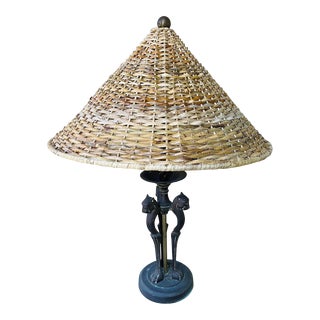 Brass Sarreid Panther Lamp With Conical Rattan Shade For Sale