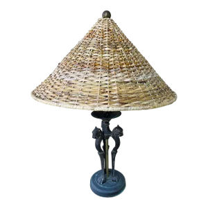 Brass Sarreid Panther Lamp With Conical Rattan Shade