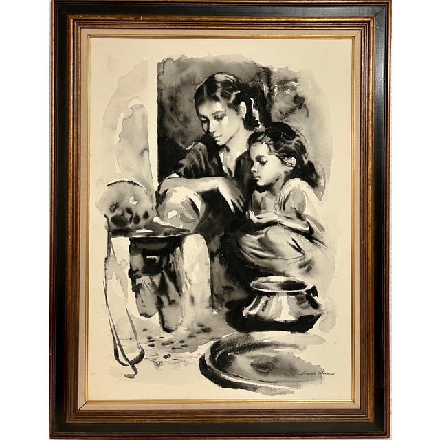Sandu Liberman, Large Gouache Original Painting Mother & Daughter Sandu Liberman Israeli Judaica For Sale