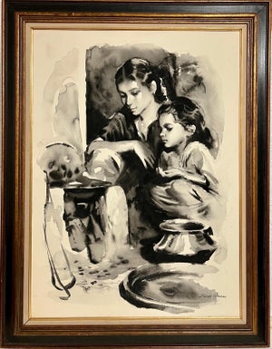 Sandu Liberman, Large Gouache Original Painting Mother & Daughter Sandu Liberman Israeli Judaica