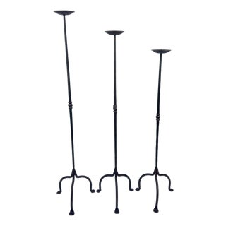 Hand Forged Iron Candelabra Set of 3 (95-115cm) Antique Copper Finish Straight Stem with Compact Arched Base For Sale