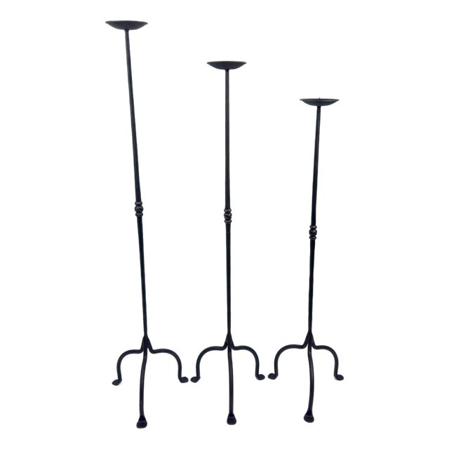 Hand Forged Iron Candelabra Set of 3 (95-115cm) Antique Copper Finish Straight Stem with Compact Arched Base For Sale
