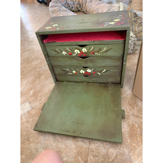 Shabby Chic Vintage Repurposed Metal & Wood Military Box - Green Floral Box of Drawers Signed For Sale - Image 3 of 11