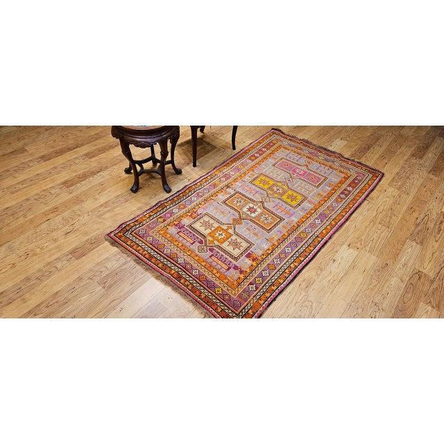 Textile Vintage Moroccan Tribal Rug, Hand-Knotted Wool, Geometric Pattern, Yellow & Purple, 4' X 7' For Sale - Image 7 of 17