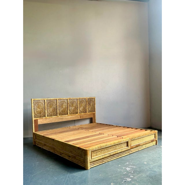 Mid-Century Modern Vintage Coastal Sunburst Rattan King Platform Bed For Sale - Image 3 of 8