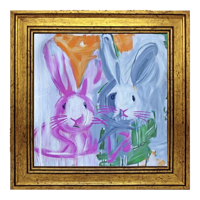 Original Bunny Painting – Hand Painted Acrylic on Canvas Framed Rabbit Art by Tatiana Duperault For Sale