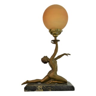 Art Deco Bronze, Patinated Metal and Marble Table Lamp, 1930s For Sale