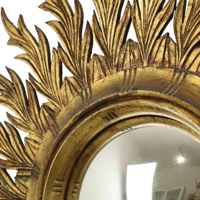 Gold Large Gold Leaf Gilt Wood Sunburst Mirror, 1950s For Sale - Image 8 of 18
