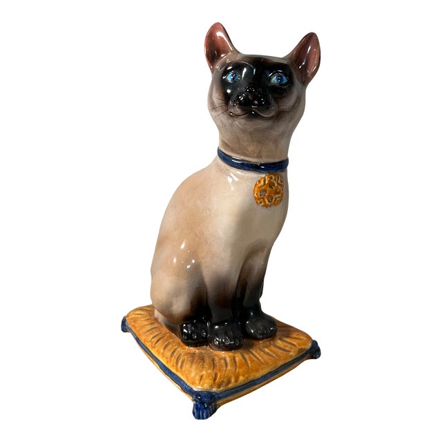 1960s Majolica Seal Point Cat Figurine For Sale