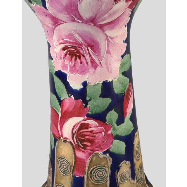 Ceramic Early 20th Century Satsuma Royal Blue Hand Painted Romantic Roses Gilded Table Lamp Vase For Sale - Image 7 of 12