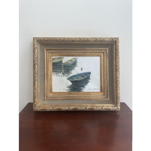 Vintage Oil on Canvas, Three Boats, Oil on Canvas, Signed Lawson. Chunky frame.