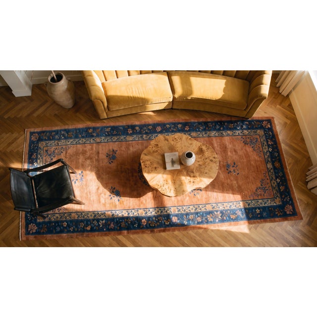 Impressive Pink Rose and Navy Blue Color With Atractive Floral Design Antique Chinese Peking Rug For Sale - Image 14 of 15