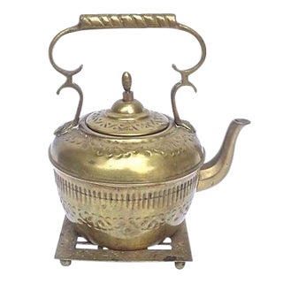 Antique Embossed Brass Teakettle & Trivet For Sale