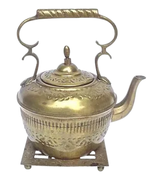 Antique Embossed Brass Teakettle & Trivet