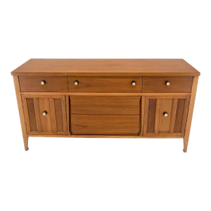American Walnut Dresser Credenza 4 Drawers Two Door Compartment Brass Pulls