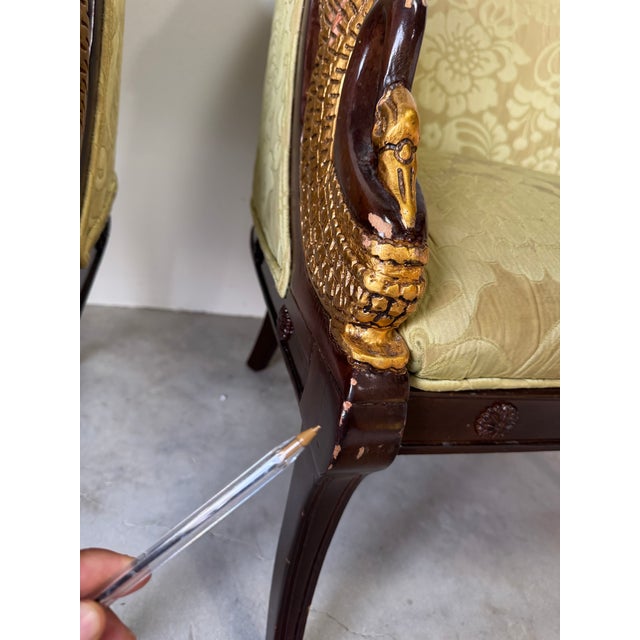 Vintage Neoclassical Style Carved Swan Barrel Back Upholstered Lounge Chairs – A Pair/ Sold For Sale - Image 10 of 12