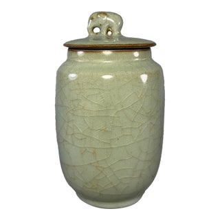Antique Longquan Celadon Covered Jar, Chinese Crackle Glaze Jar For Sale