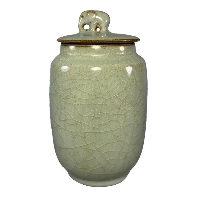 Antique Longquan Celadon Covered Jar, Chinese Crackle Glaze Jar For Sale