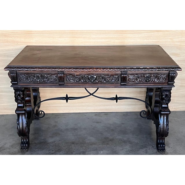 19th Century Spanish Two Faces Baroque Style Oak Library Table or Desk For Sale - Image 17 of 18