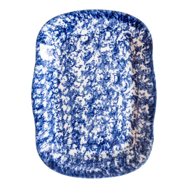 19th Century American Blue Spongeware Serving Platter For Sale