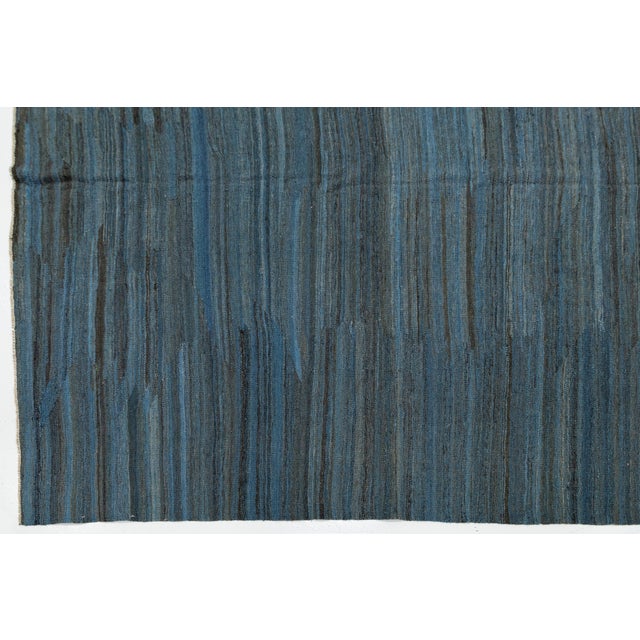 Textile Modern Minimalist Slate Blue Handmade Kilim Wool Rug 12x18 For Sale - Image 7 of 12