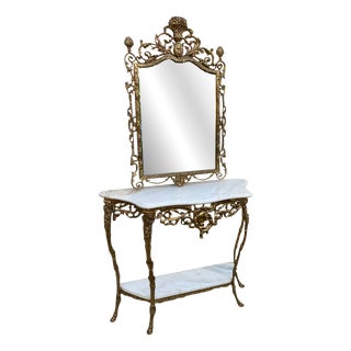 Louis XV Rococo Style Brass Console and Mirror, 1920s, Set of 2 For Sale