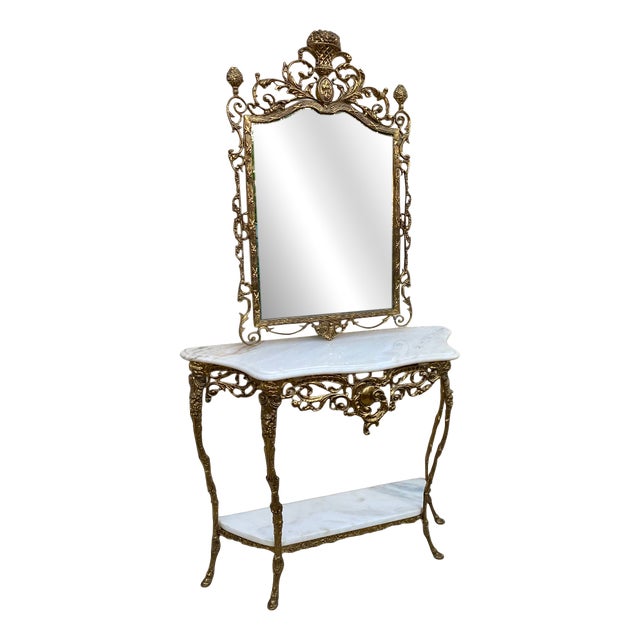 Louis XV Rococo Style Brass Console and Mirror, 1920s, Set of 2 For Sale