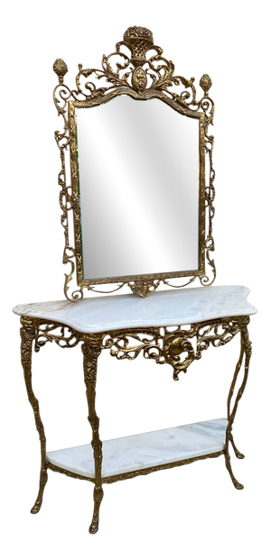 Louis XV Rococo Style Brass Console and Mirror, 1920s, Set of 2