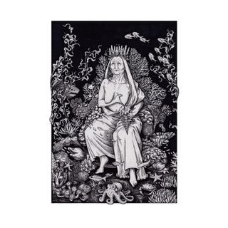 The Queen of Cups by Jerianne Fulton | Ink on paper depicting a seated figure among marine life. For Sale