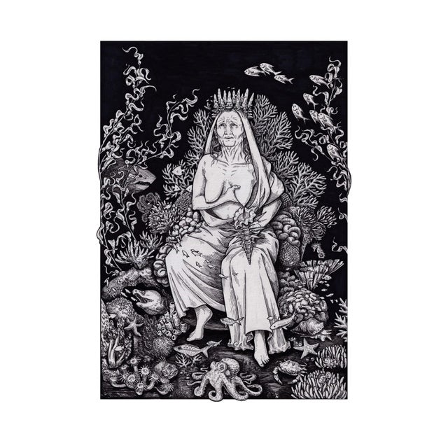 The Queen of Cups by Jerianne Fulton | Ink on paper depicting a seated figure among marine life. For Sale