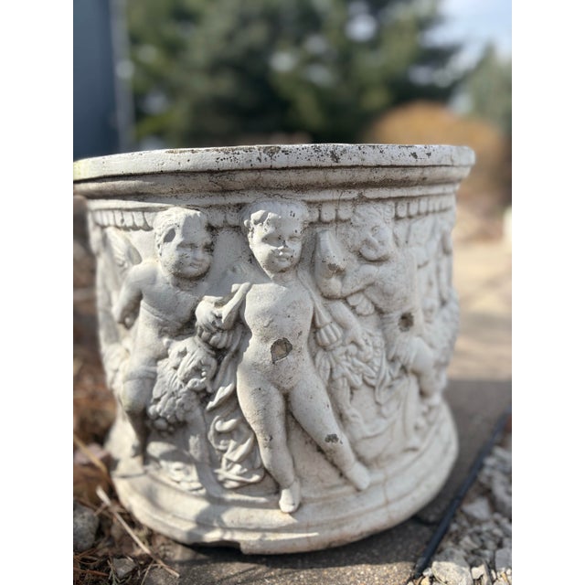 Neoclassical Vintage Cast Stone Cherub Planter Jardinière – Classical European Garden Urn With Putti Relief, Aged Patina Outdoor Planter For Sale - Image 3 of 9