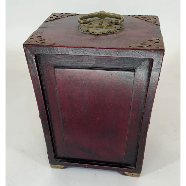 Vintage Chinese Jewelry Box With Carved Hardstone Inserts and Brass Hardware For Sale - Image 4 of 10