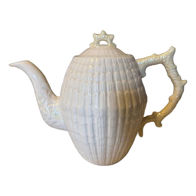 Vintage 1940s Belleek Limpet Teapot Yellow Luster 1st Green Mark Fine Irish Porcelain For Sale