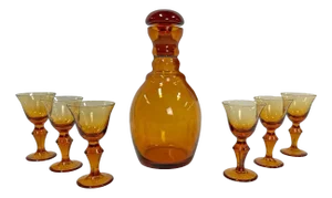 Mid-Century Crystal Decanter Amber ​​glass Liqueur Set, Czech Republic, Set of 7