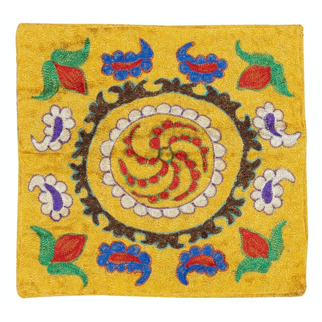 Modern 16"x16" Silk Embroidery Cushion Cover. Handmade Pillowcase. Yellow Lace Pillow For Sale - Image 3 of 5